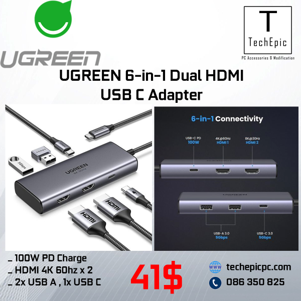 UGREEN 6 in 1 Dual HDMI USB C Adapter