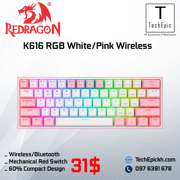 Reddragon K616 White Pink Wireless Bluetooth